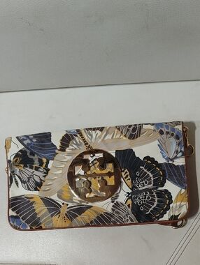 Tory Burch Butterfly Print Clutch in White, Blue, Brown & Gold